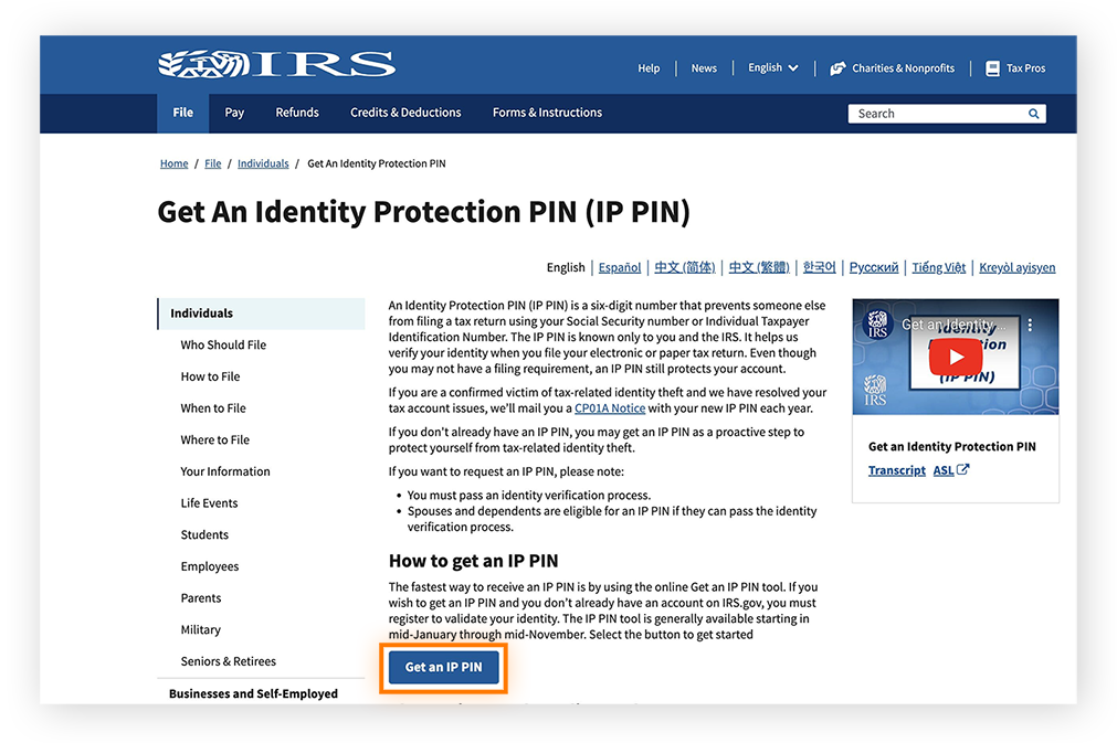 Botón Obtener PIN de protección de identidad resaltado en el sitio web del IRS