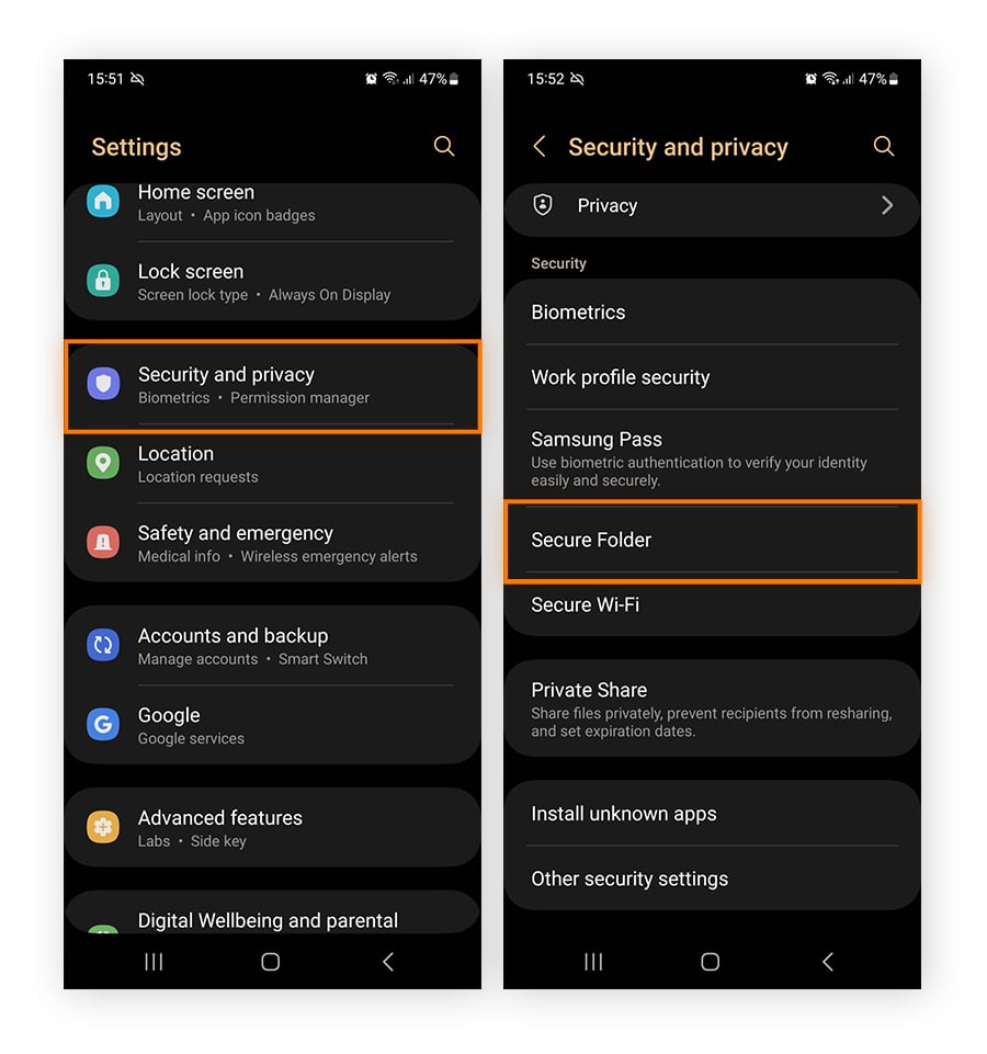 Navigating to Secure Folder settings on a Samsung phone.