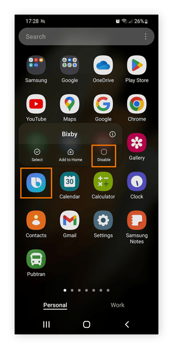 Toque e mantenha pressionado um aplicativo na tela inicial do Android e, em seguida, toque em Desativar para ocultar o aplicativo.