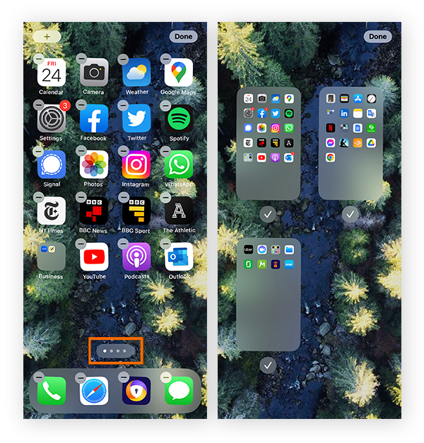 Acción de alejar para mostrar a la vez todas las páginas de la pantalla de inicio de iOS.