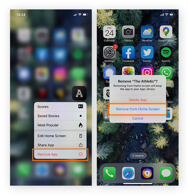 Mantenga pulsado el icono de una aplicación del iPhone para ocultarla de la pantalla de inicio.