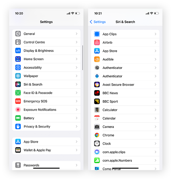 Accessing the Siri & Search menu in iOS settings.