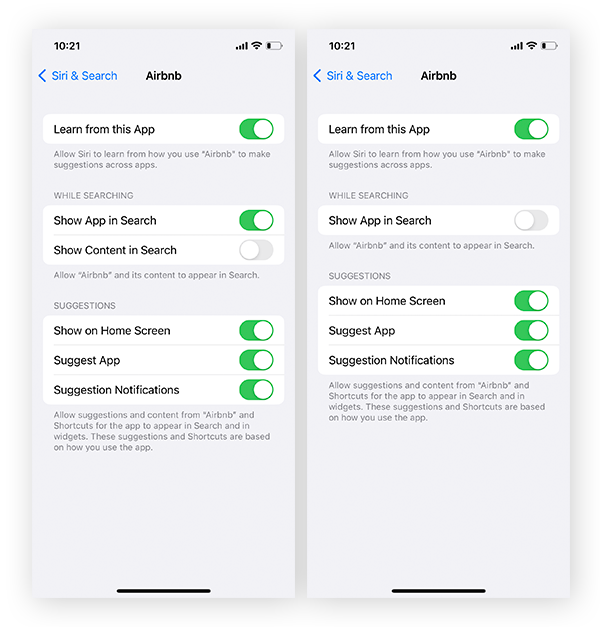 Desactivación del botón Mostrar la app en Buscar en Ajustes > Siri y Buscar de iOS.