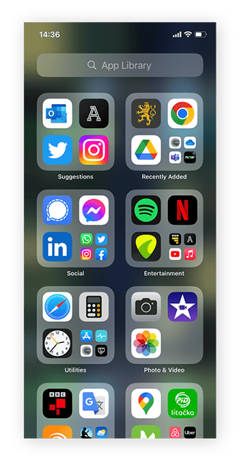 Biblioteca de apps del iPhone en la última página de la pantalla de inicio.