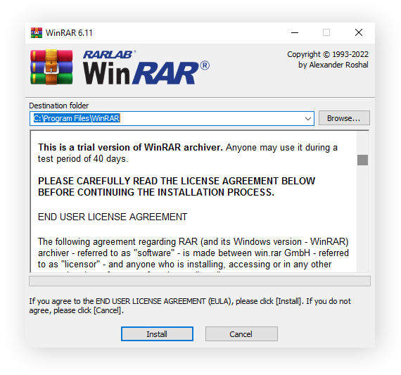 Installation window for WinRAR 6.11 to start installation on Windows 10.