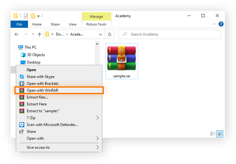 Um ícone de arquivo .rar com um menu de contexto do Windows mostrando “Abrir” com o WinRAR selecionado.