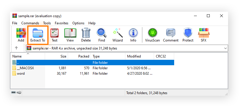 Ventana de WinRAR con un archivo .rar abierto y el botón «Extraer en» resaltado.