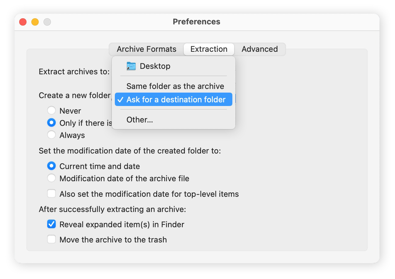 In the Extraction tab of The Unarchiver, click the drop-down menu next to "Extract archives to" and select your preference.