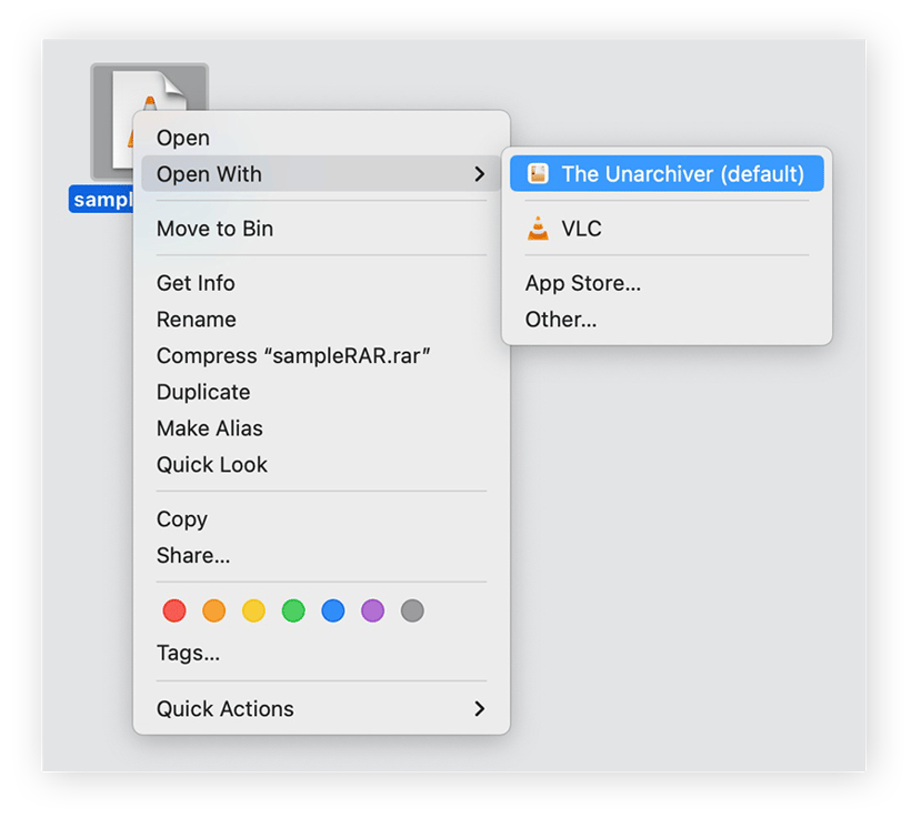 Haga clic con el botón derecho del ratón en el archivo RAR y seleccione Abrir con > The Unarchiver para extraer el archivo.