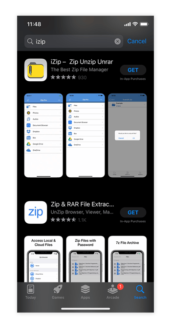 Searching for iZip in the App Store on an iPhone.