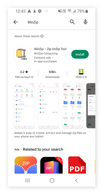 Searching for WinZip in Google Play Store on an Android phone.