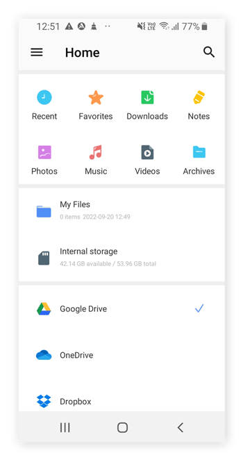 Pantalla de inicio de WinZip con ubicaciones de almacenamiento de archivos para seleccionar la ubicación de un archivo guardado.