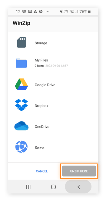 Tela do aplicativo WinZip com os locais de armazenamento do telefone Android e o botão “Descompactar aqui” em destaque.