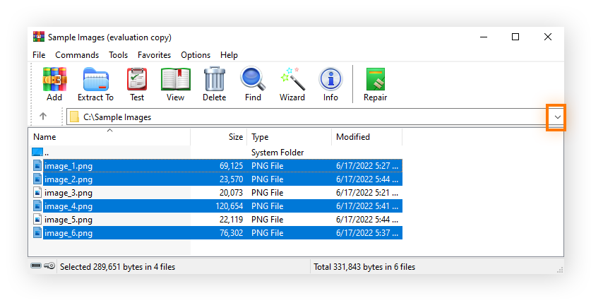 Una ventana abierta de WinRar con los archivos seleccionados listos para ser comprimidos al formato .rar.