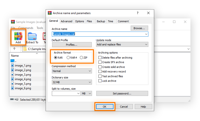 Uma janela aberta do WinRAR com o botão “Adicionar” realçado e uma segunda janela de nome de arquivo e parâmetros sobreposta.