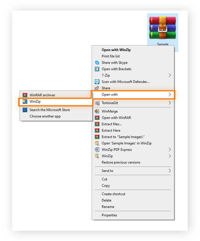 A .rar file that has been right-clicked and the Windows context menu shows Open with and WinZip selected.