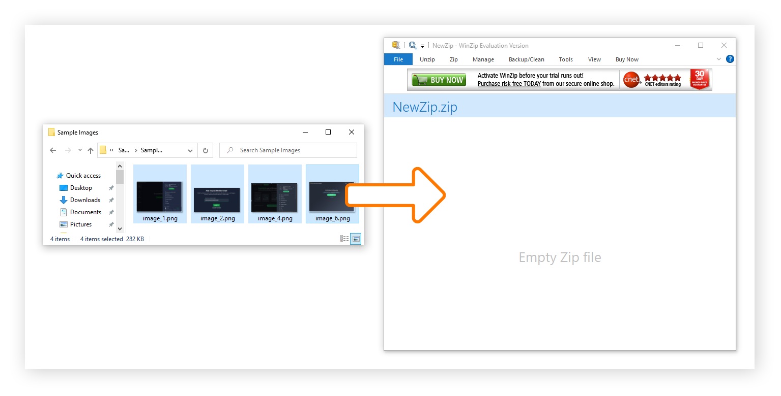 Ein Finder-Fenster mit ausgewählten Dateien und einem Pfeil, der vom Finder-Fenster auf ein geöffnetes WinZip-Fenster zeigt.