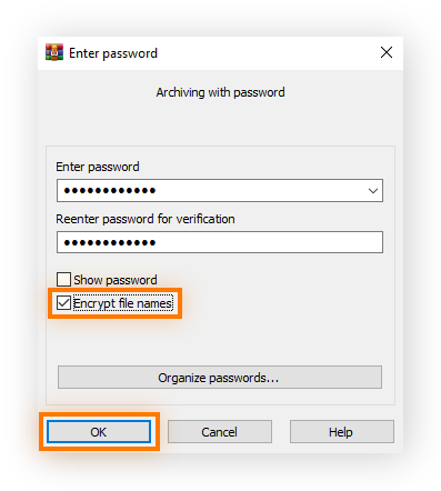 A WinRAR window for creating a password with a check box to encrypt file names and the OK button highlighted.