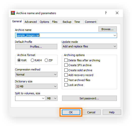 An open WinRAR archive name and parameters window with the OK button highlighted.