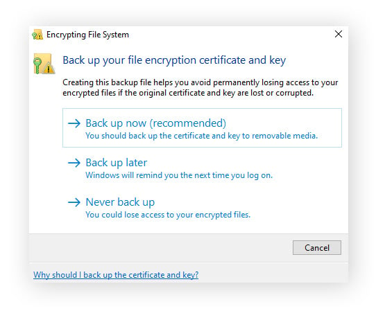 Un aviso para hacer una copia de seguridad del cifrado y la clave de los archivos.
