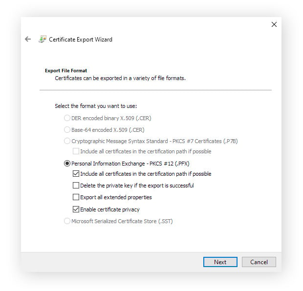 Using the Windows certificate export wizard, used to export a file or folder encryption certificate and key.