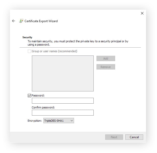 In the next window of the Certificate export wizard, the box next to "Password" is checked so that a password can be entered.