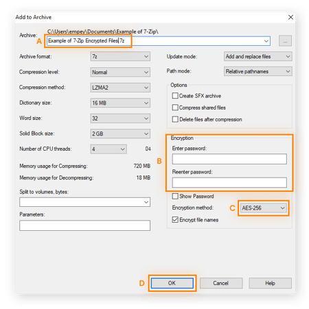 Options de compression de fichier dans 7-Zip File Manager pour Windows