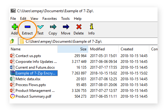 Descompresión de un archivo en 7-Zip File Manager para Windows