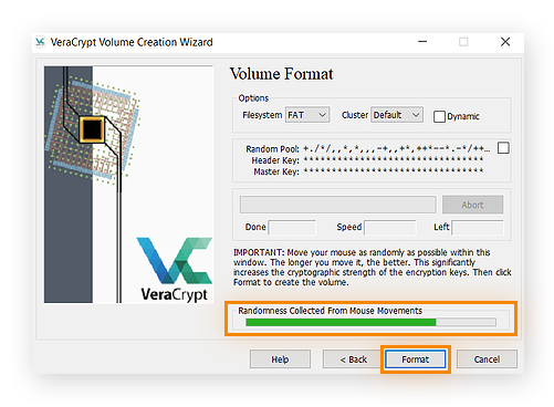 Using random mouse movements to create an encryption key in VeraCrypt for Windows