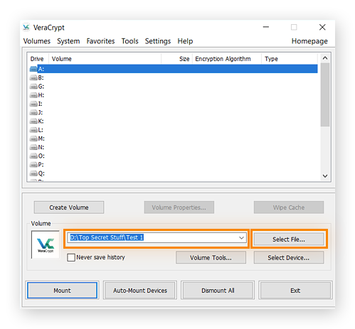 Choix d’un volume à monter dans VeraCrypt pour Windows