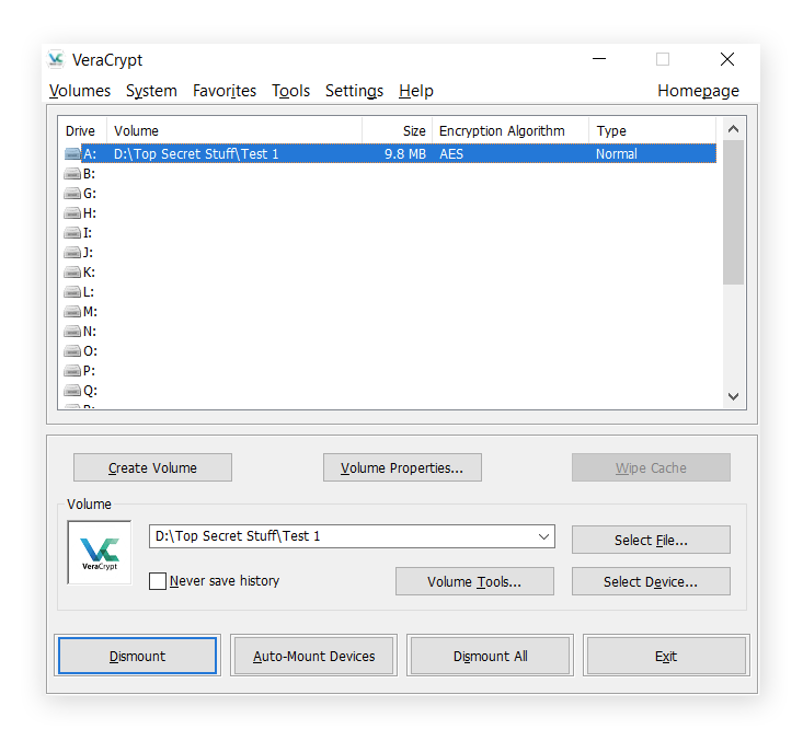 A mounted encrypted drive in VeraCrypt for Windows