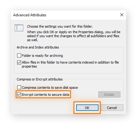 Encrypting a file in the Windows Properties menu.