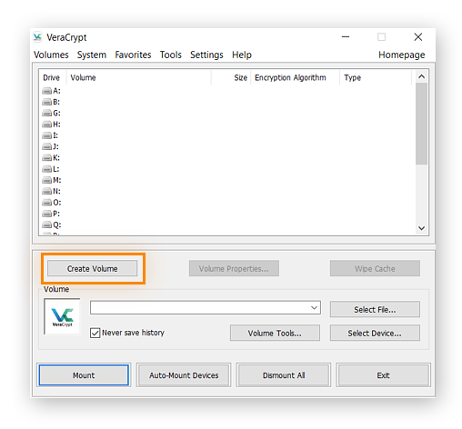 Creating a volume in VeraCrypt for Windows