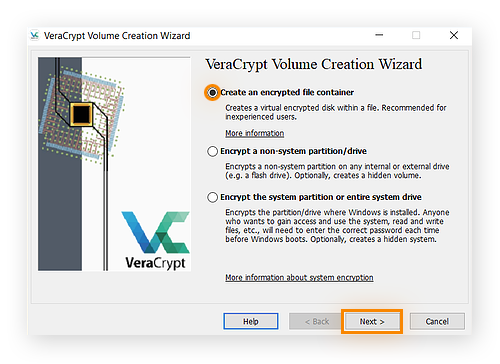 Creating an encrypted file container in Veracrypt for Windows