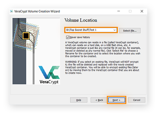 Selecionando um local para volume no VeraCrypt para Windows