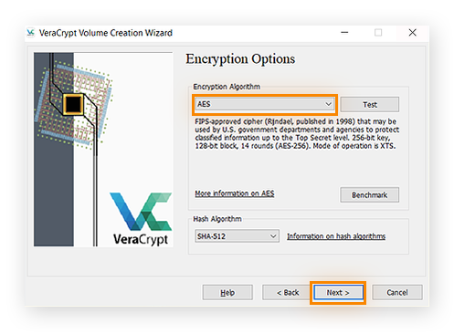 Selecionando um o método de criptografia no VeraCrypt para Windows