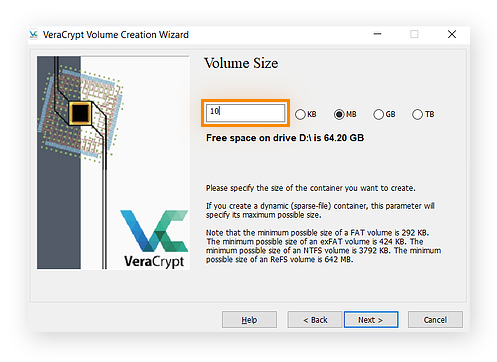 Configuring the encryption folder size in VeraCrypt for Windows
