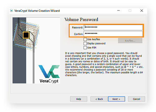 Choix du mot de passe de chiffrement de fichier dans VeraCrypt pour Windows