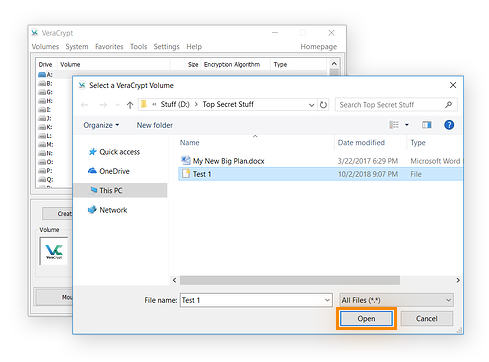 Opening a selected volume in VeraCrypt for Windows
