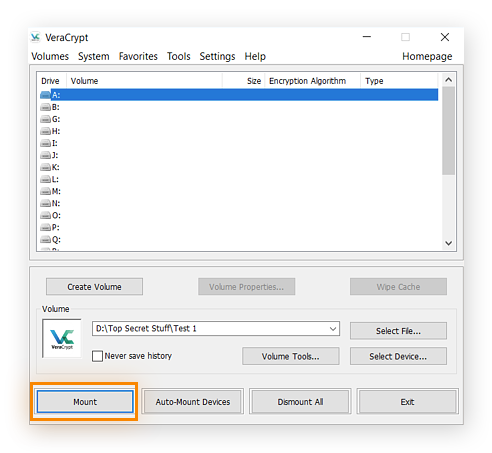 Montaje de un volumen en una unidad seleccionada en VeraCrypt para Windows