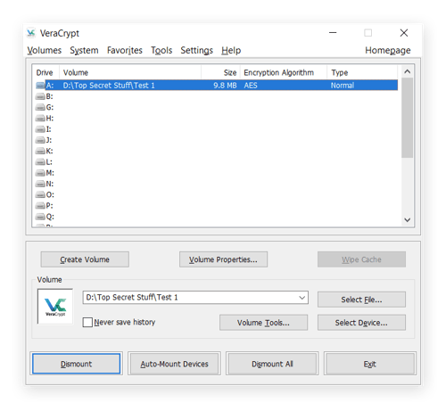 A mounted encrypted drive in VeraCrypt for Windows