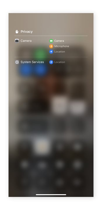 The iPhone Privacy screen shows you which apps are currently using or recently used the camera, microphone, or location services.