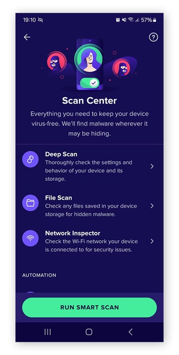 Execução do Escaneamento Inteligente no Avast Mobile Security para Android