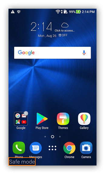 The home screen in Android 7.0, showing that safe mode is enabled
