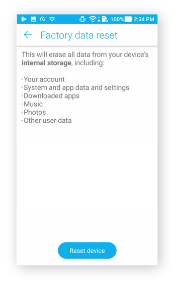The Factory data reset screen in Android 7.0