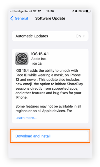 Toque «Descargar e instalar» para actualizar la versión del software iOS.
