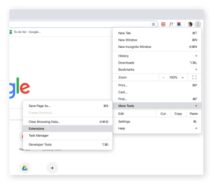 MacOS의 Chrome의 확장 메뉴를 탐색합니다