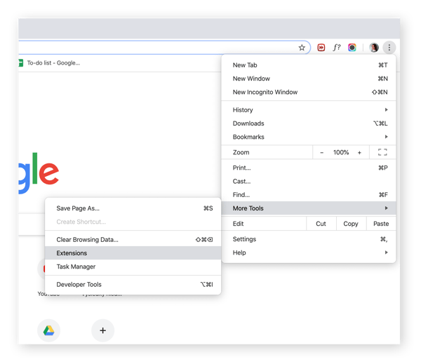 Navigating to the Extensions menu in Chrome on macOS