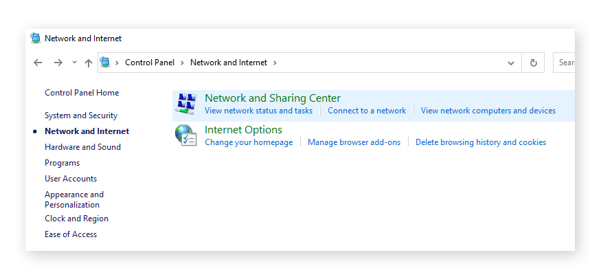 Click network and internet and then network and sharing center.