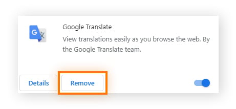 Clique em "Remover" na extensão do Google Translate no Gerenciador de extensões do Chrome
